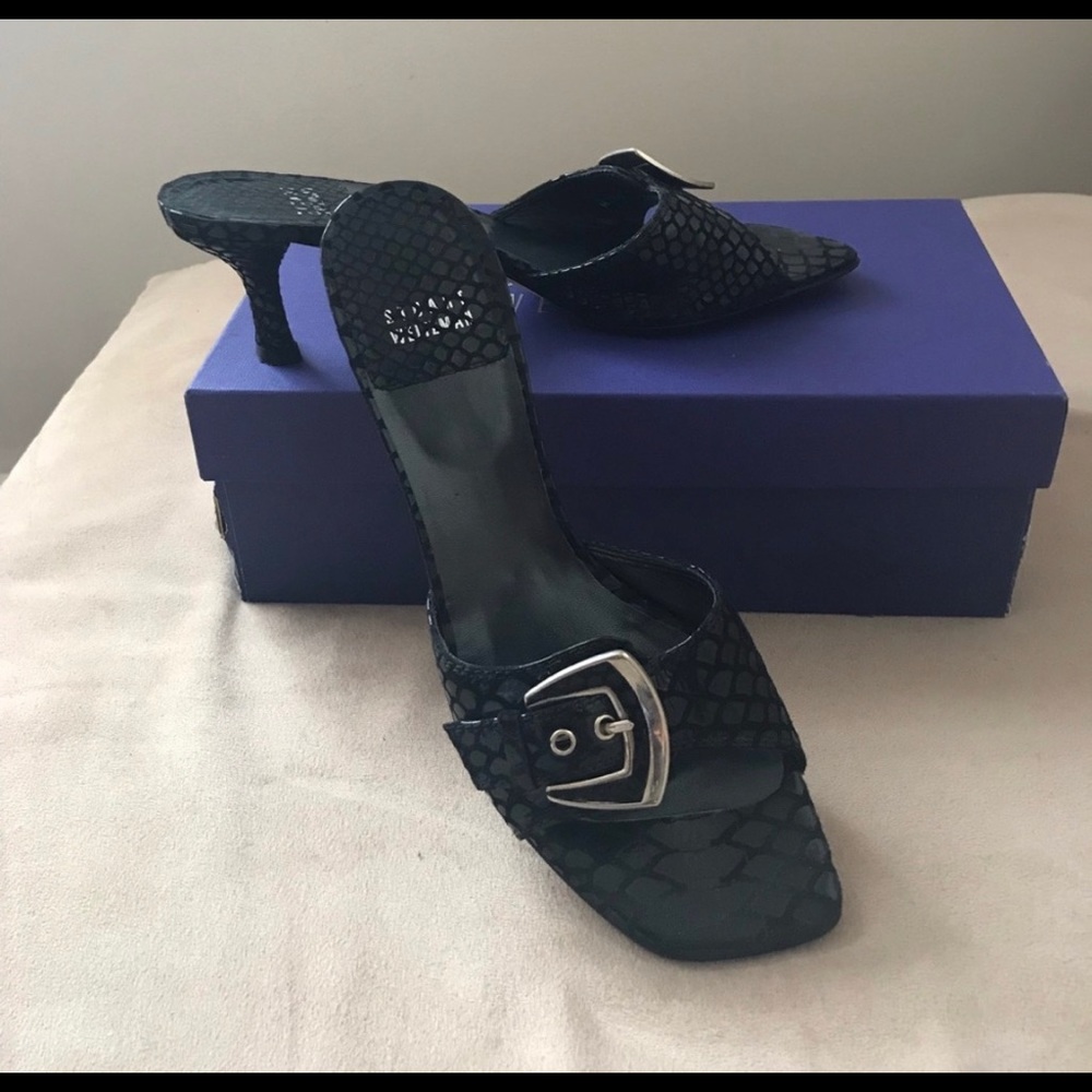 Stuart Weitzman Black Patterned Sandals with Silver Buckle